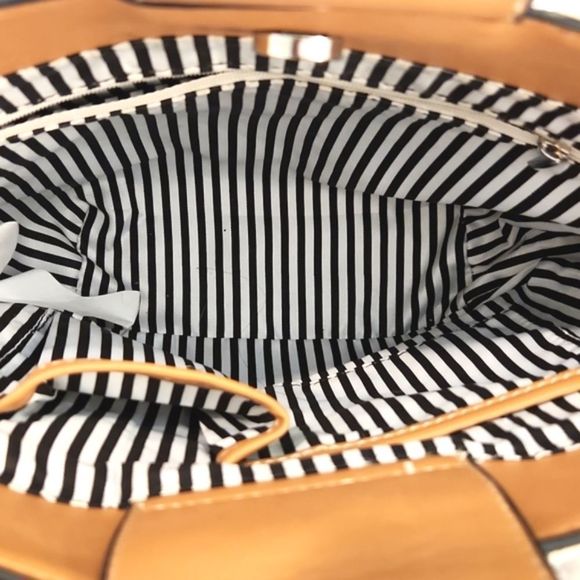 𝅺NWOT Womens Cognac & Cream convertible crossbody/handbag with  lucite handles - Picture 10 of 14